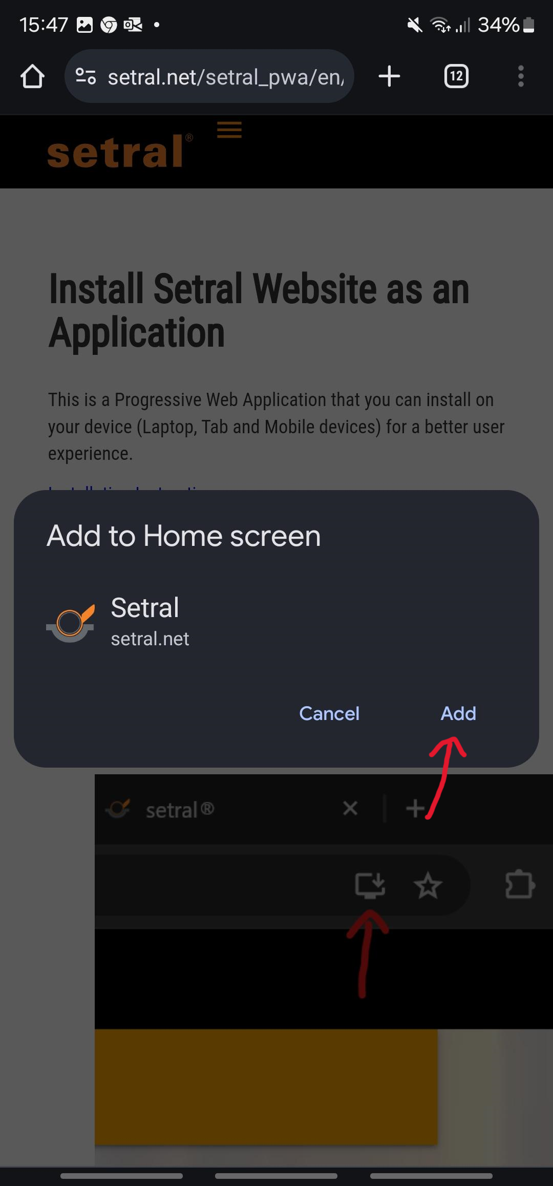 fenêtre contextuelle de téléchargement de l'application Setral